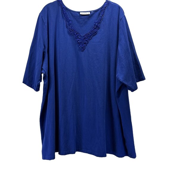 Susan Graver Women's Top Size Plus 3X Royal Blue Beaded V Neck Short Sleeves - Picture 1 of 5